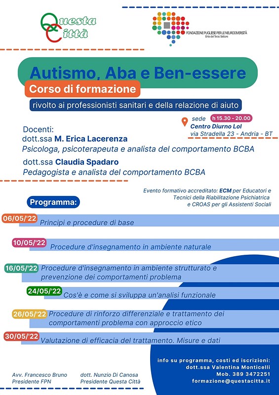 “Autismo, Aba e Ben-essere”: seminari di approfondimento e corso di formazione ECM